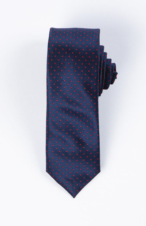 Navy blue tie with red polka dots